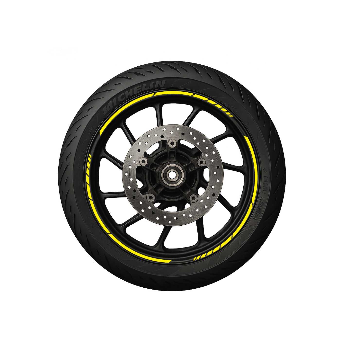 A motorcycle wheel with black rim and yellow pre-curved decals on the sidewall.