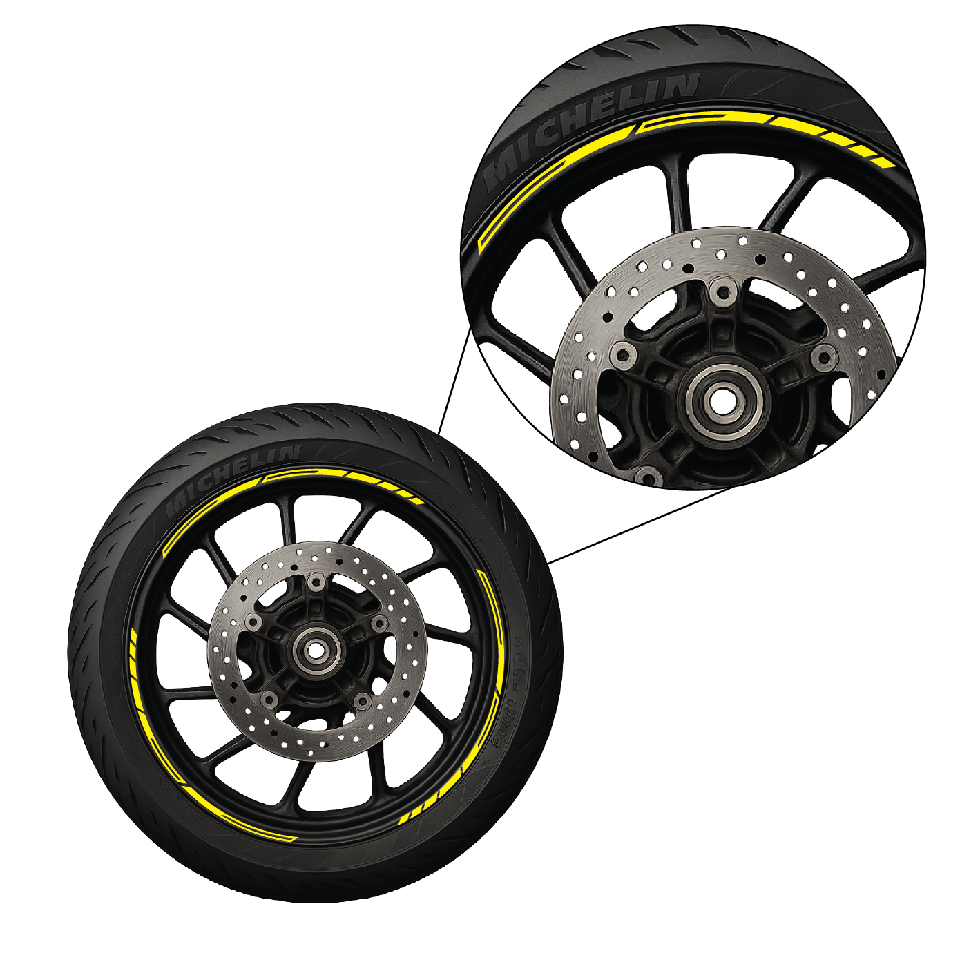 Motorcycle wheel with yellow rim striping decal installed – Nero Stickers design