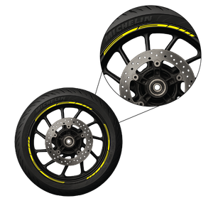 Motorcycle wheel with yellow rim striping decal installed – Nero Stickers design