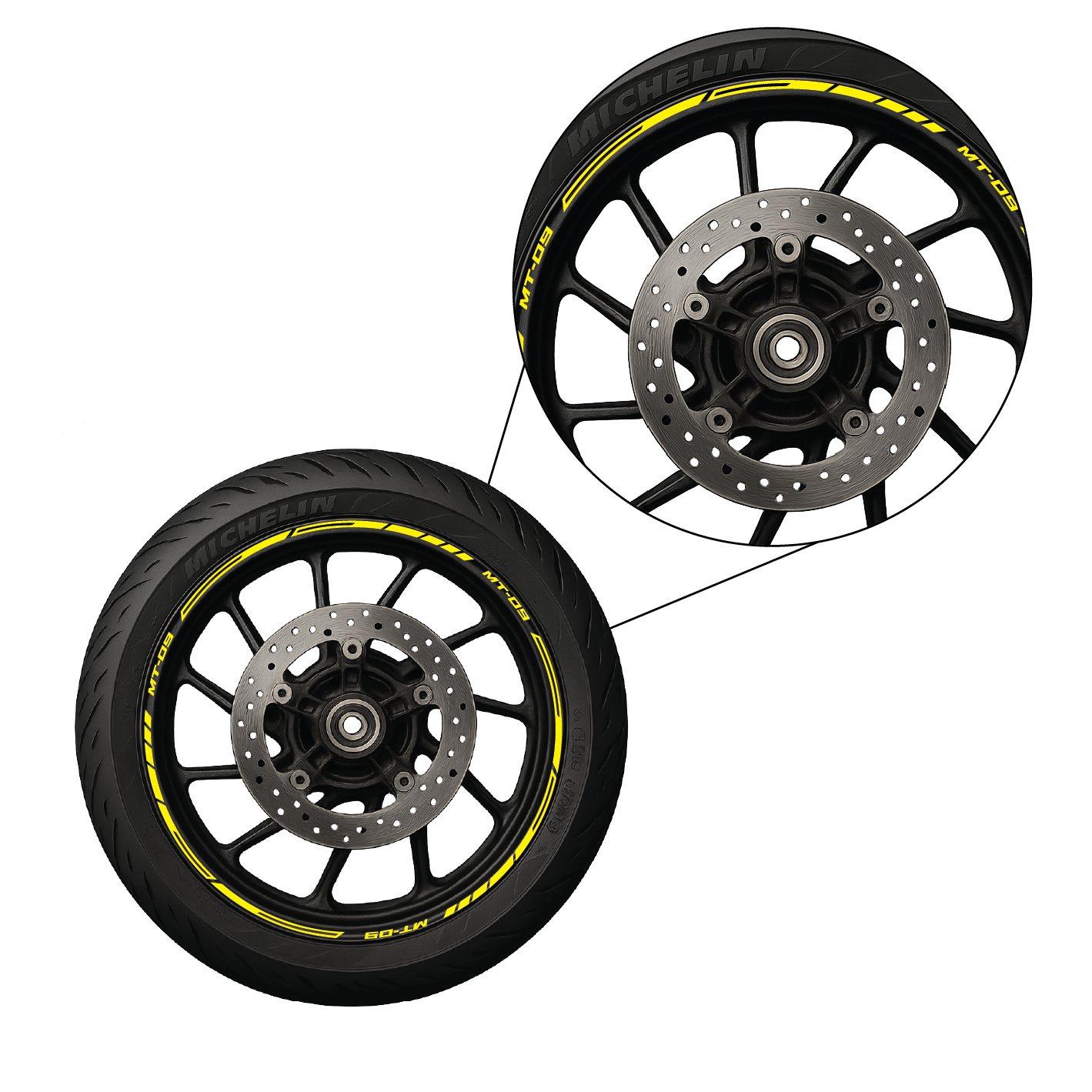 Motorcycle wheel with yellow rim striping decal installed – Nero Stickers design