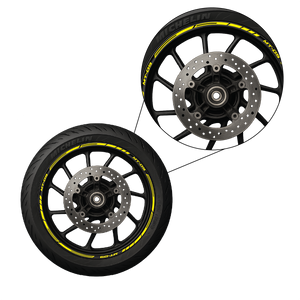 Motorcycle wheel with yellow rim striping decal installed – Nero Stickers design
