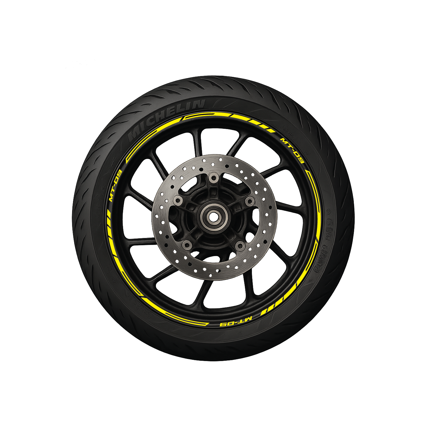 A black motorcycle wheel with yellow pre-curved decals on the rim, designed to create a striped pattern.