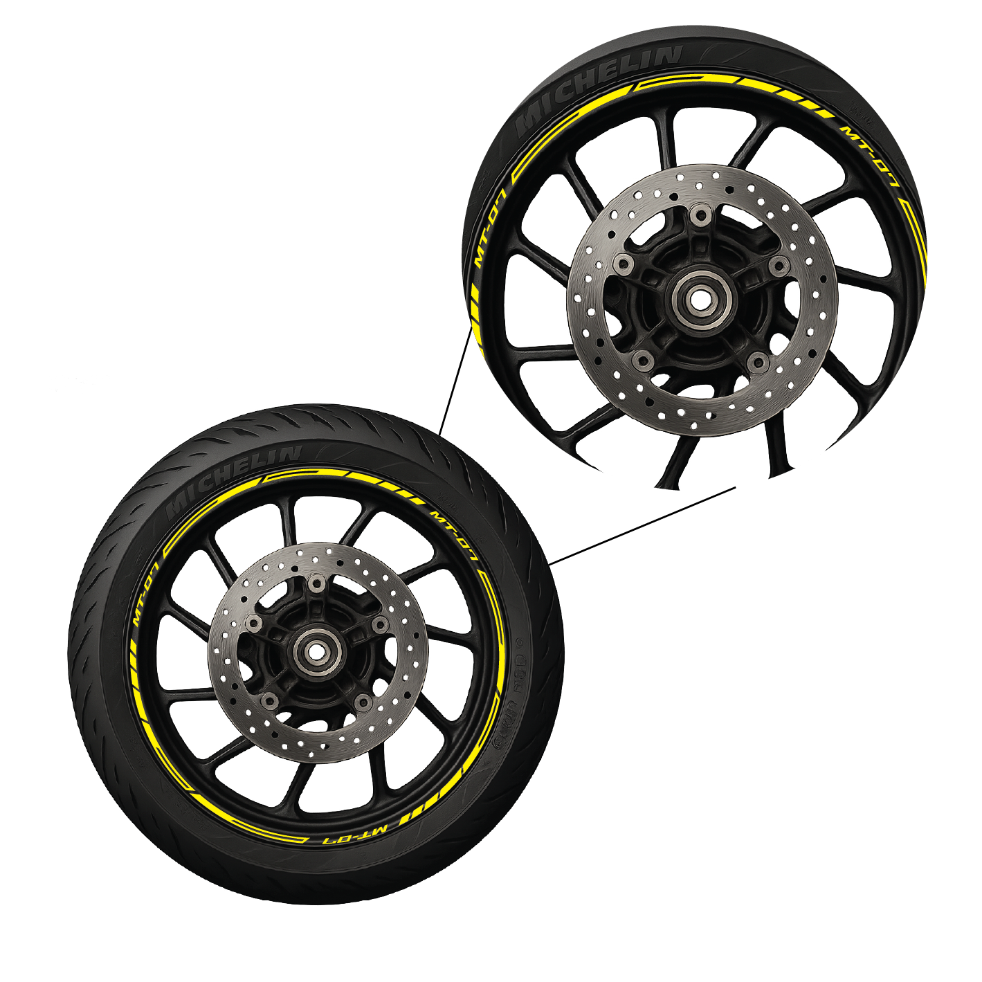 Motorcycle wheel with yellow rim striping decal installed – Nero Stickers design
