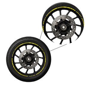 Motorcycle wheel with yellow rim striping decal installed – Nero Stickers design