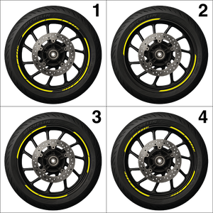 Motorcycle wheel with yellow rim striping decal installed – Nero Stickers design