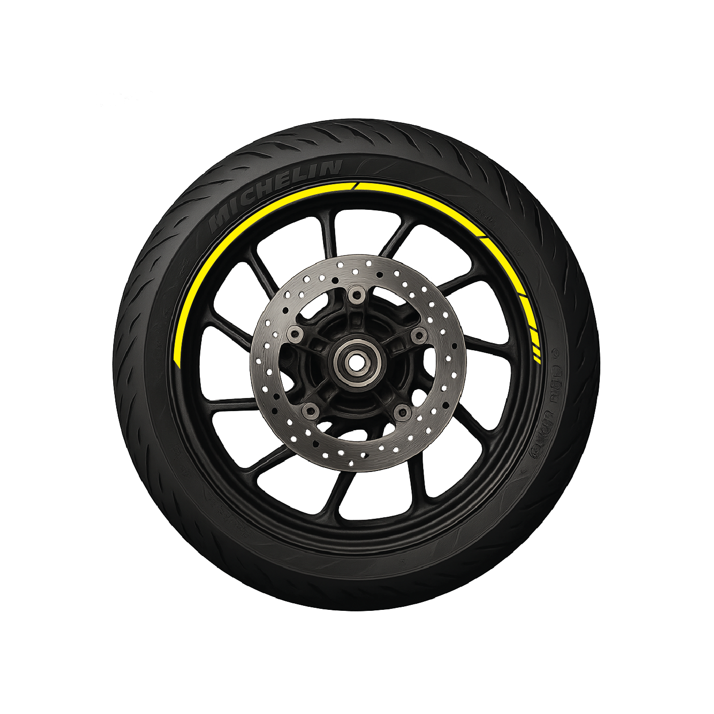 Motorcycle wheel with yellow rim striping decal installed – Nero Stickers design